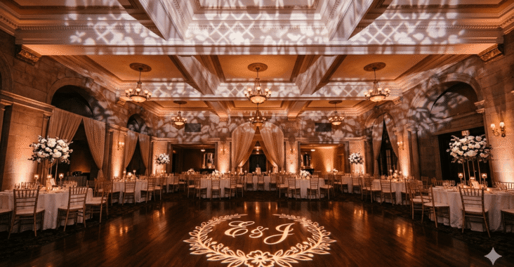 Wedding reception with custom gobo monogram projected onto hardwood dance floor and soft floral pattern gobo washing across the ceiling in warm ambient lighting, with white linen tables and floral centerpieces in the background
