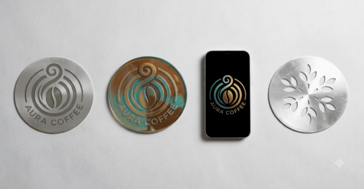 Flat lay overhead product photo showing four types of custom gobos on a white background: a stainless steel metal gobo disc, a colorful glass gobo, a digital gobo design displayed on a screen, and a stock gobo pattern disc, each evenly spaced with soft studio lighting